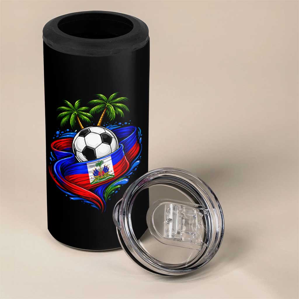 Haitian Flag Soccer Ball Graphic 4 in 1 Can Cooler Tumbler Tropical Palm Trees Caribbean Haiti Football Fans Pride