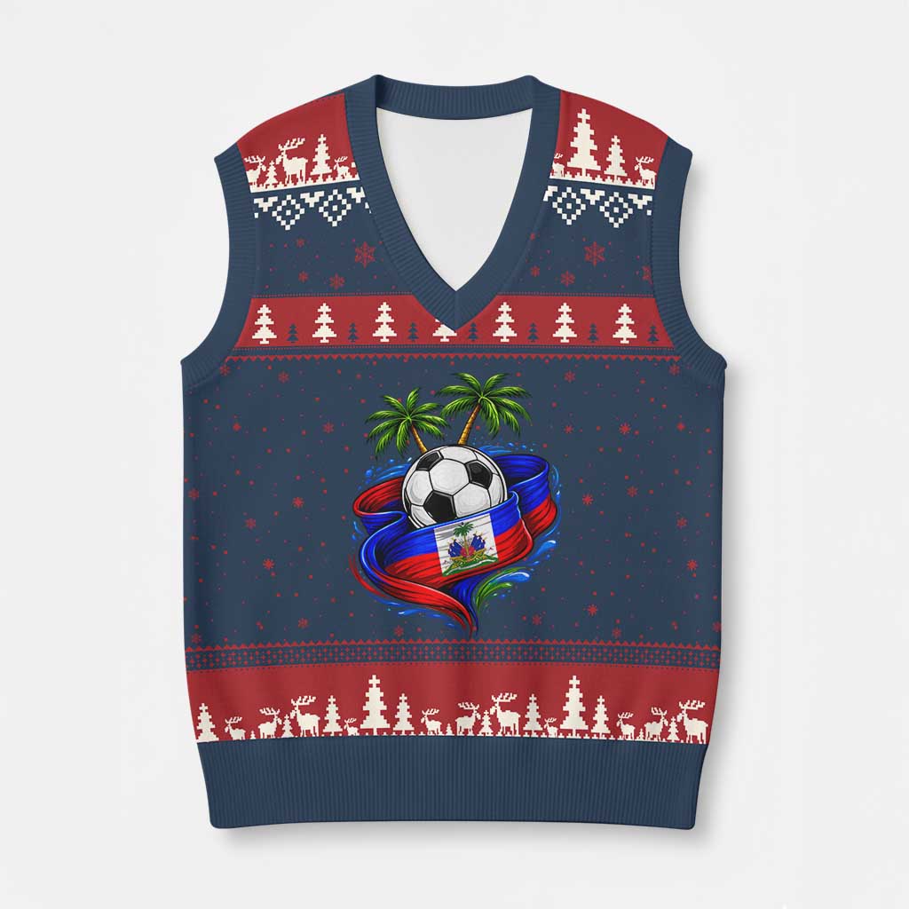 Haitian Flag Soccer Ball Graphic V-Neck Knit Sweater Vest Tropical Palm Trees Caribbean Haiti Football Fans Pride