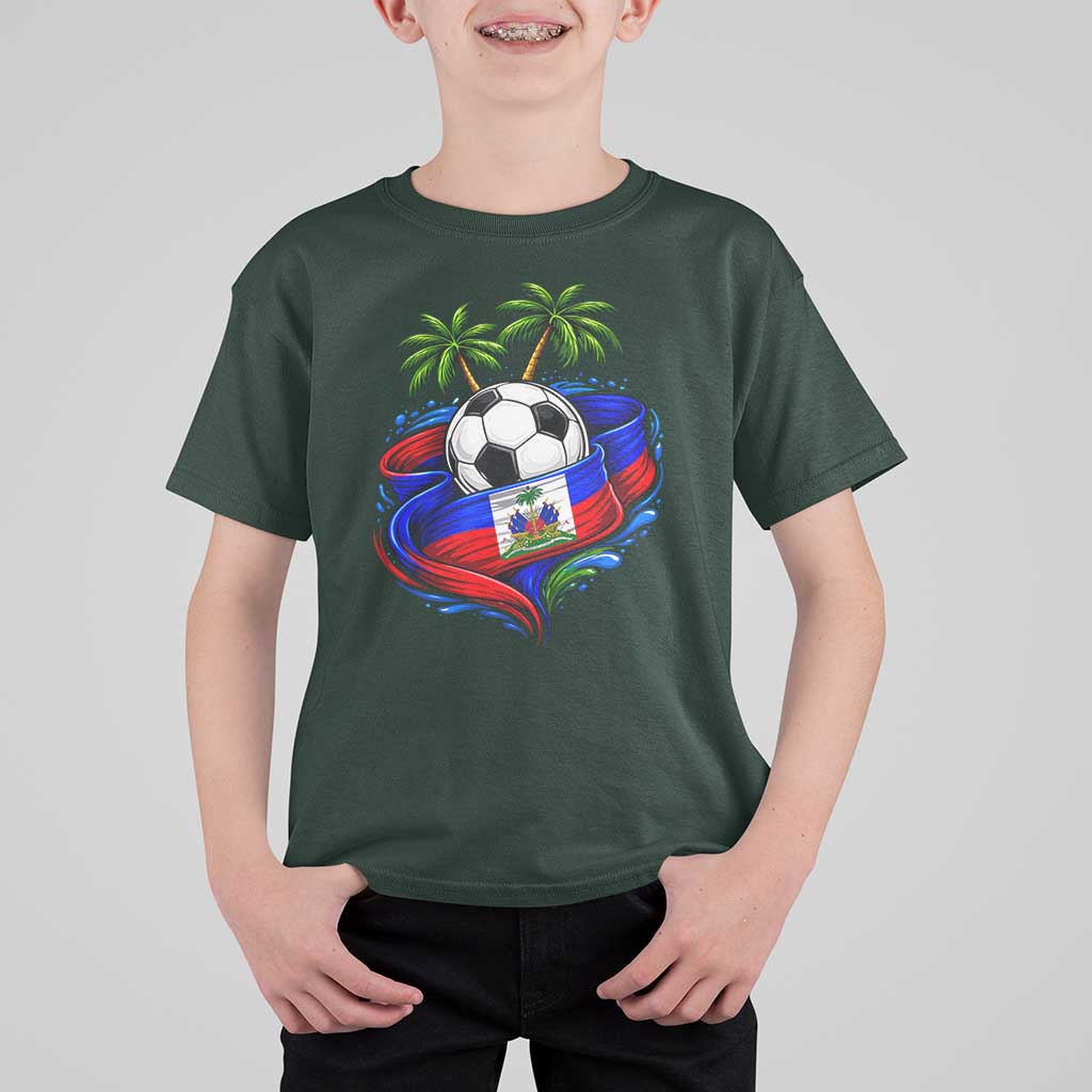 Haitian Flag Soccer Ball Graphic T Shirt For Kid Tropical Palm Trees Caribbean Haiti Football Fans Pride