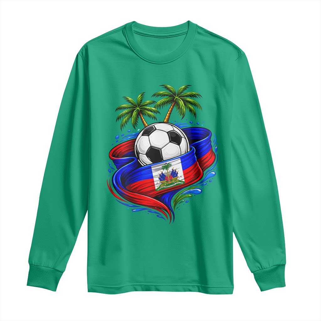 Haitian Flag Soccer Ball Graphic Long Sleeve Shirt Tropical Palm Trees Caribbean Haiti Football Fans Pride