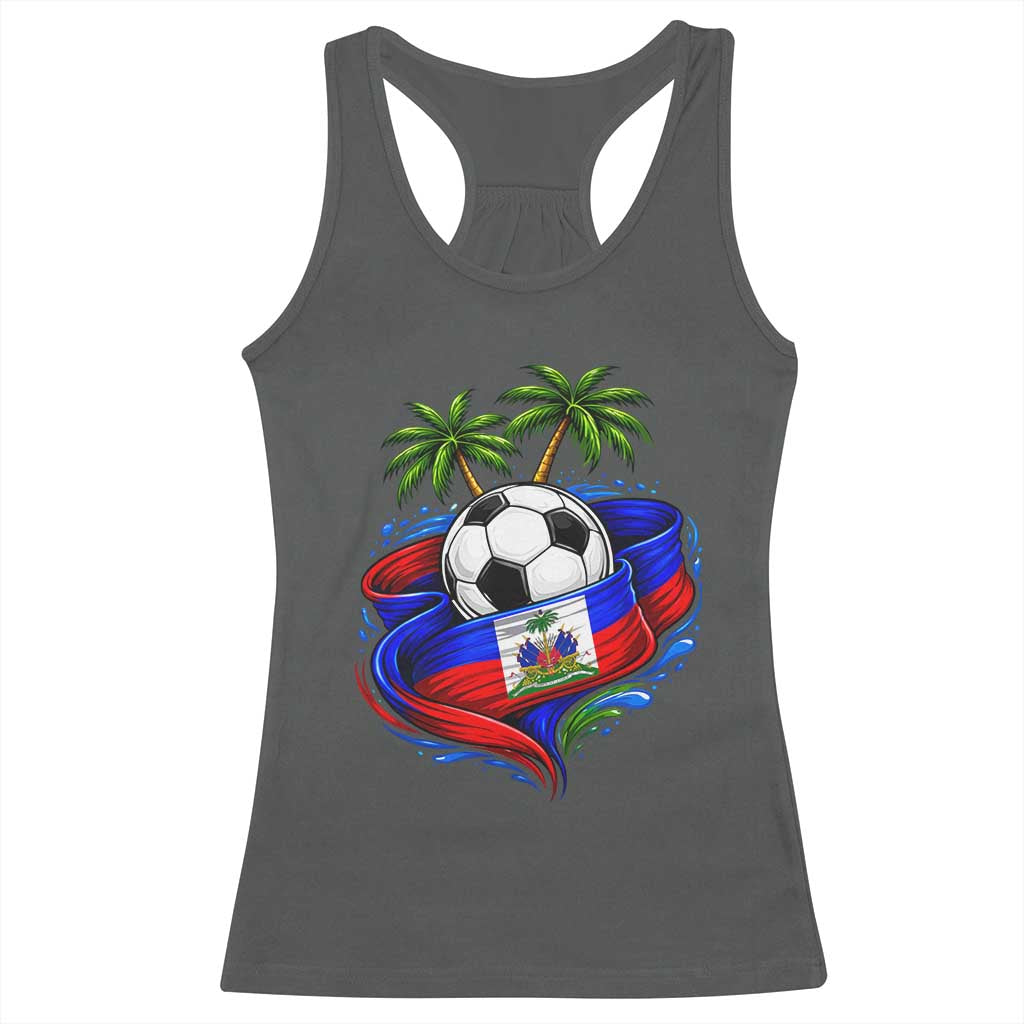 Haitian Flag Soccer Ball Graphic Racerback Tank Top Tropical Palm Trees Caribbean Haiti Football Fans Pride