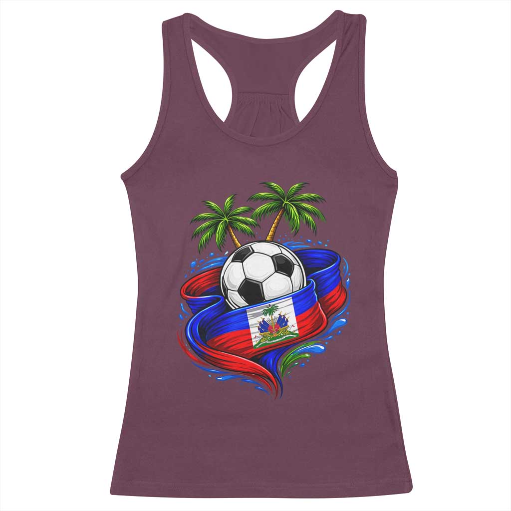 Haitian Flag Soccer Ball Graphic Racerback Tank Top Tropical Palm Trees Caribbean Haiti Football Fans Pride