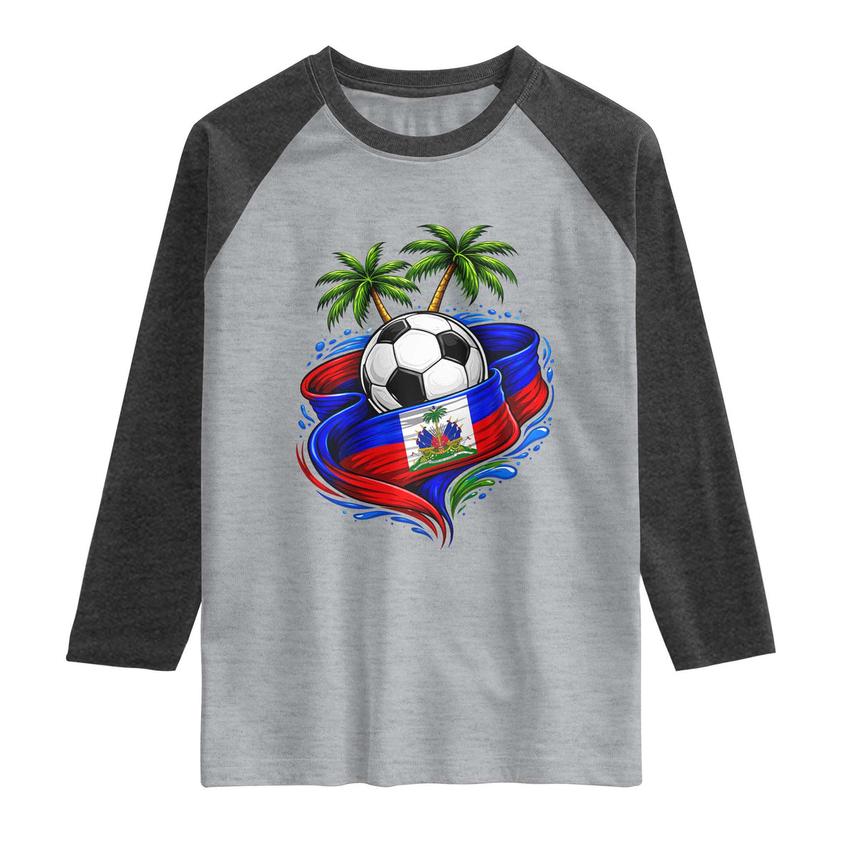 Haitian Flag Soccer Ball Graphic Raglan Shirt Tropical Palm Trees Caribbean Haiti Football Fans Pride