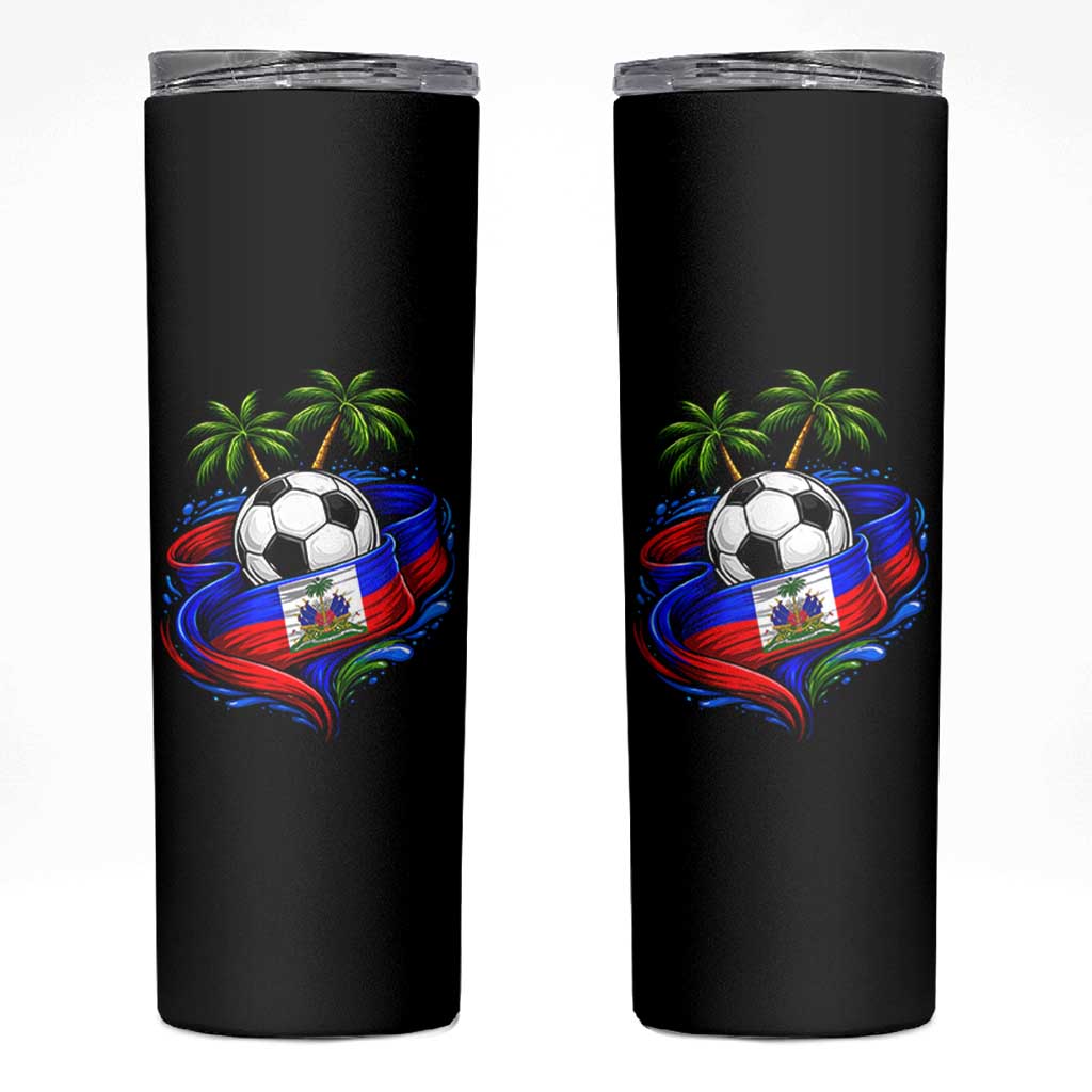 Haitian Flag Soccer Ball Graphic Skinny Tumbler Tropical Palm Trees Caribbean Haiti Football Fans Pride