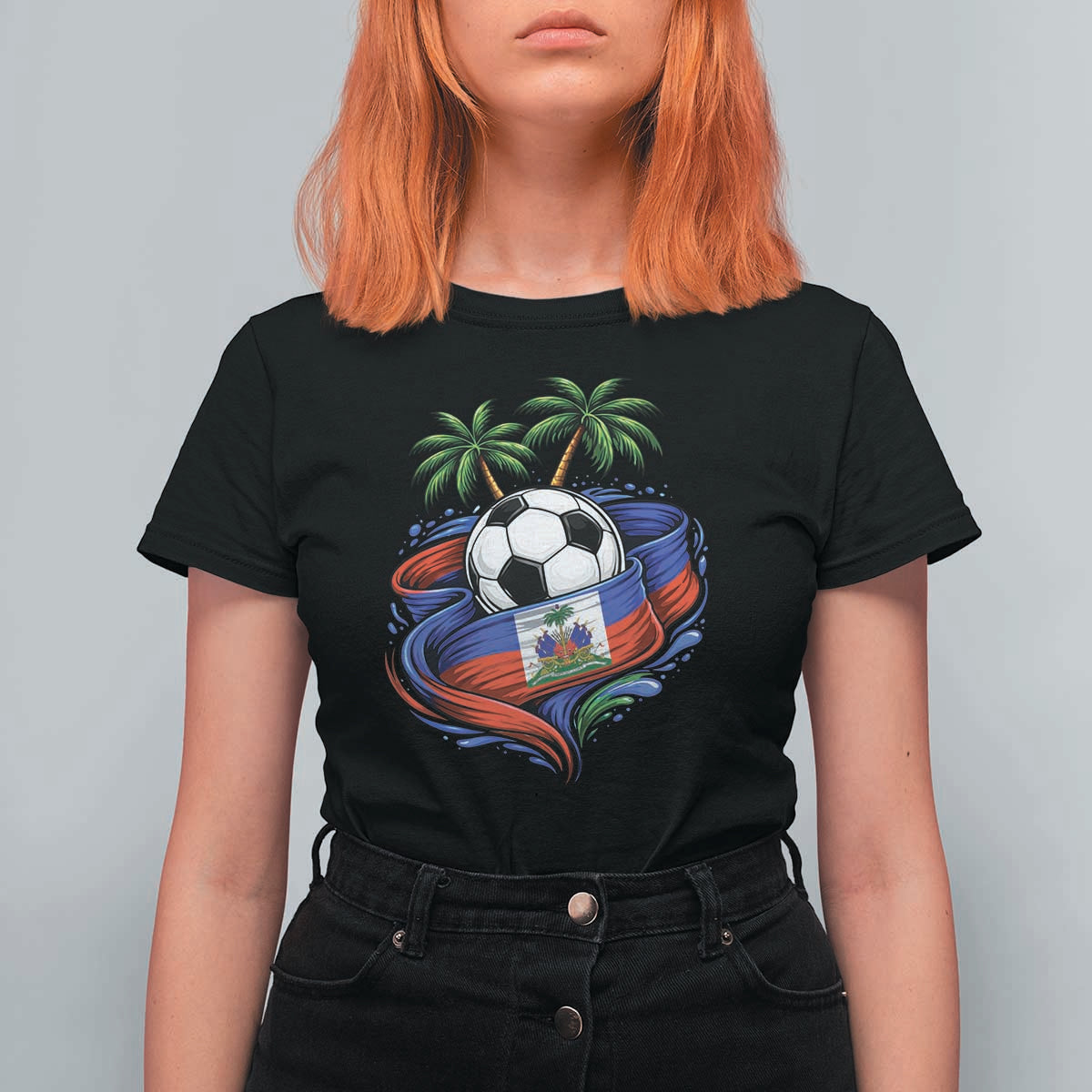 Haitian Flag Soccer Ball Graphic T Shirt For Women Tropical Palm Trees Caribbean Haiti Football Fans Pride