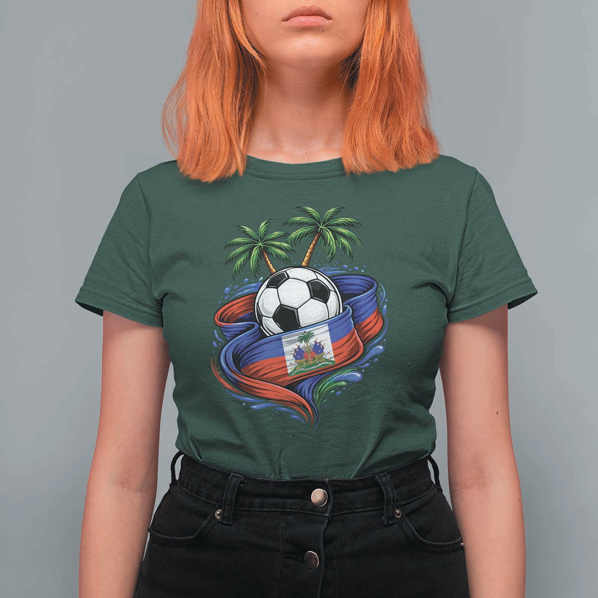 Haitian Flag Soccer Ball Graphic T Shirt For Women Tropical Palm Trees Caribbean Haiti Football Fans Pride