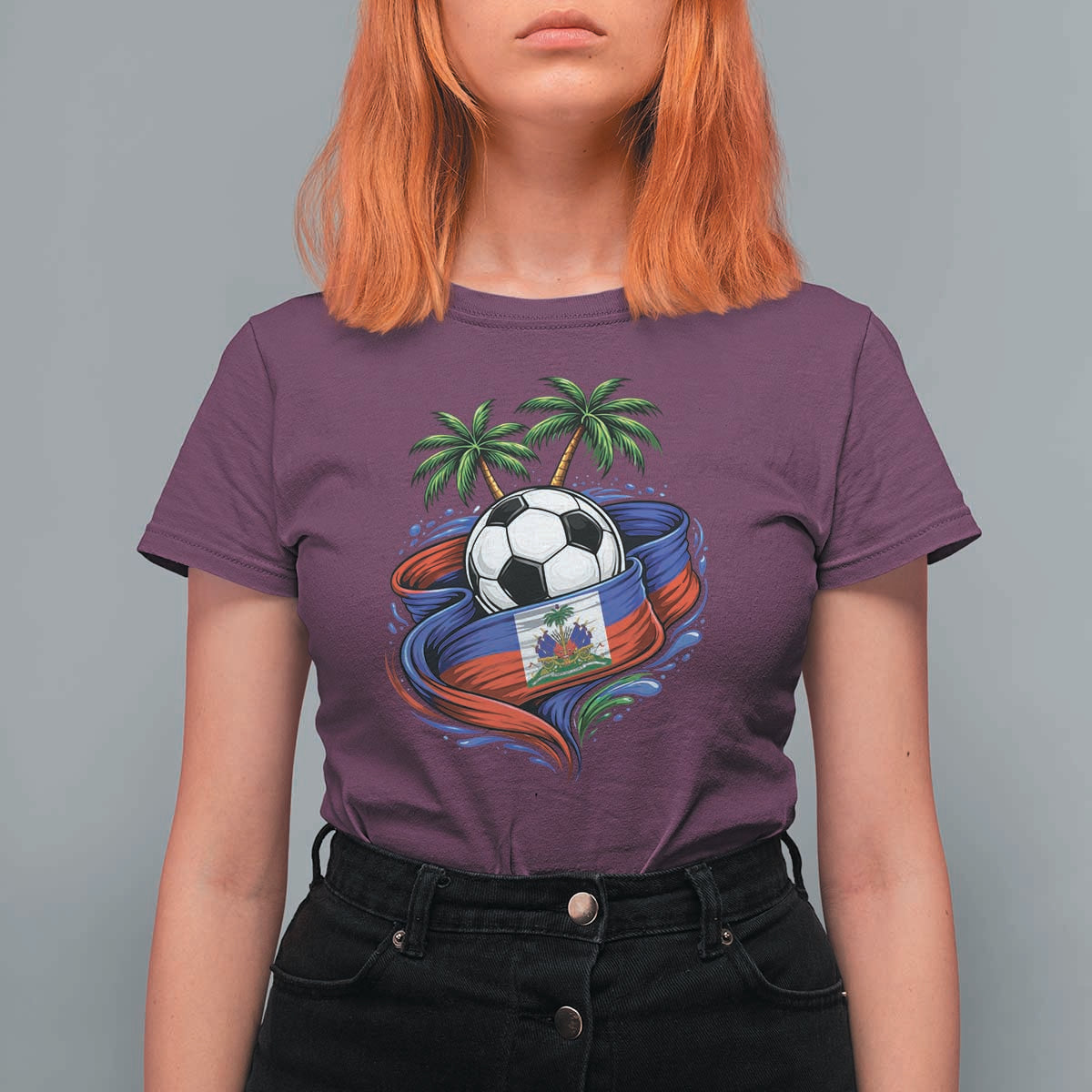 Haitian Flag Soccer Ball Graphic T Shirt For Women Tropical Palm Trees Caribbean Haiti Football Fans Pride