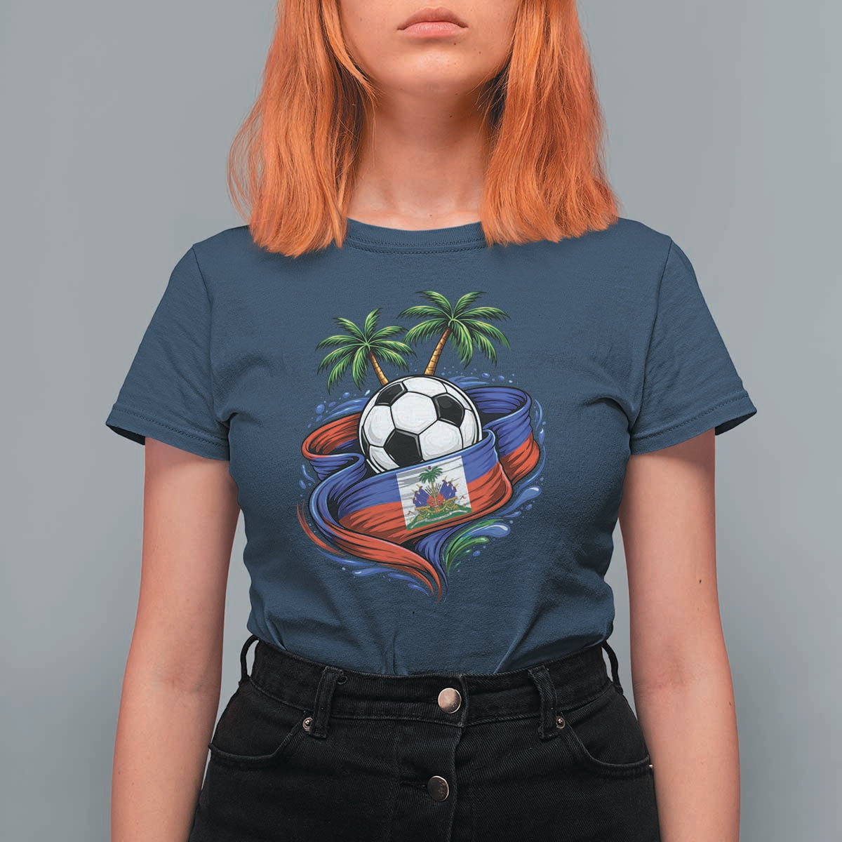 Haitian Flag Soccer Ball Graphic T Shirt For Women Tropical Palm Trees Caribbean Haiti Football Fans Pride