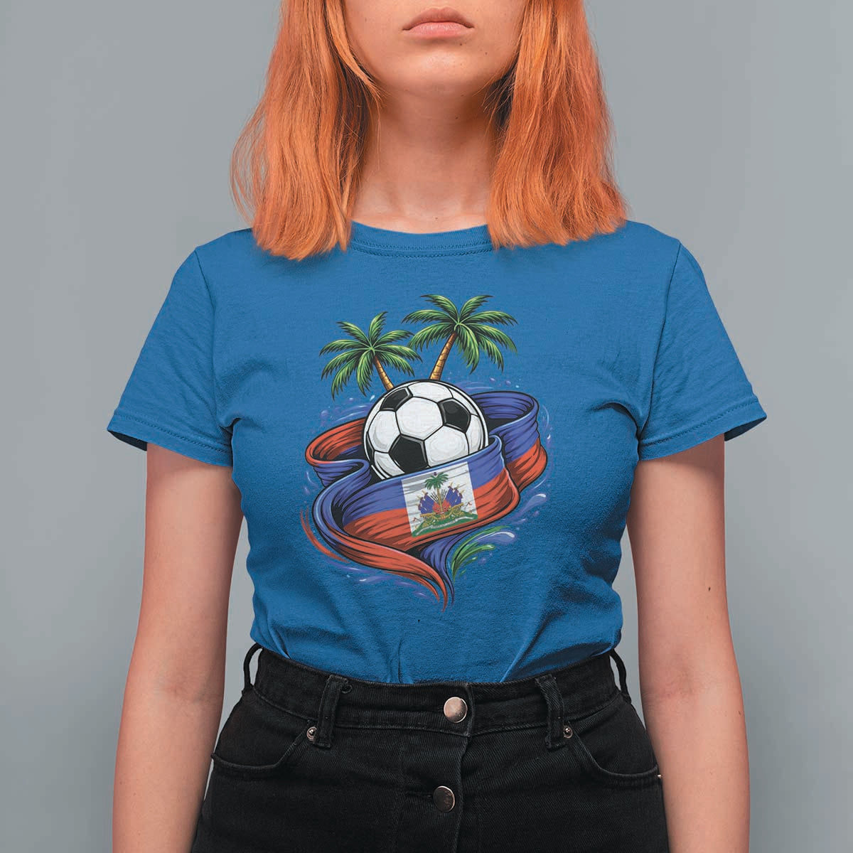 Haitian Flag Soccer Ball Graphic T Shirt For Women Tropical Palm Trees Caribbean Haiti Football Fans Pride