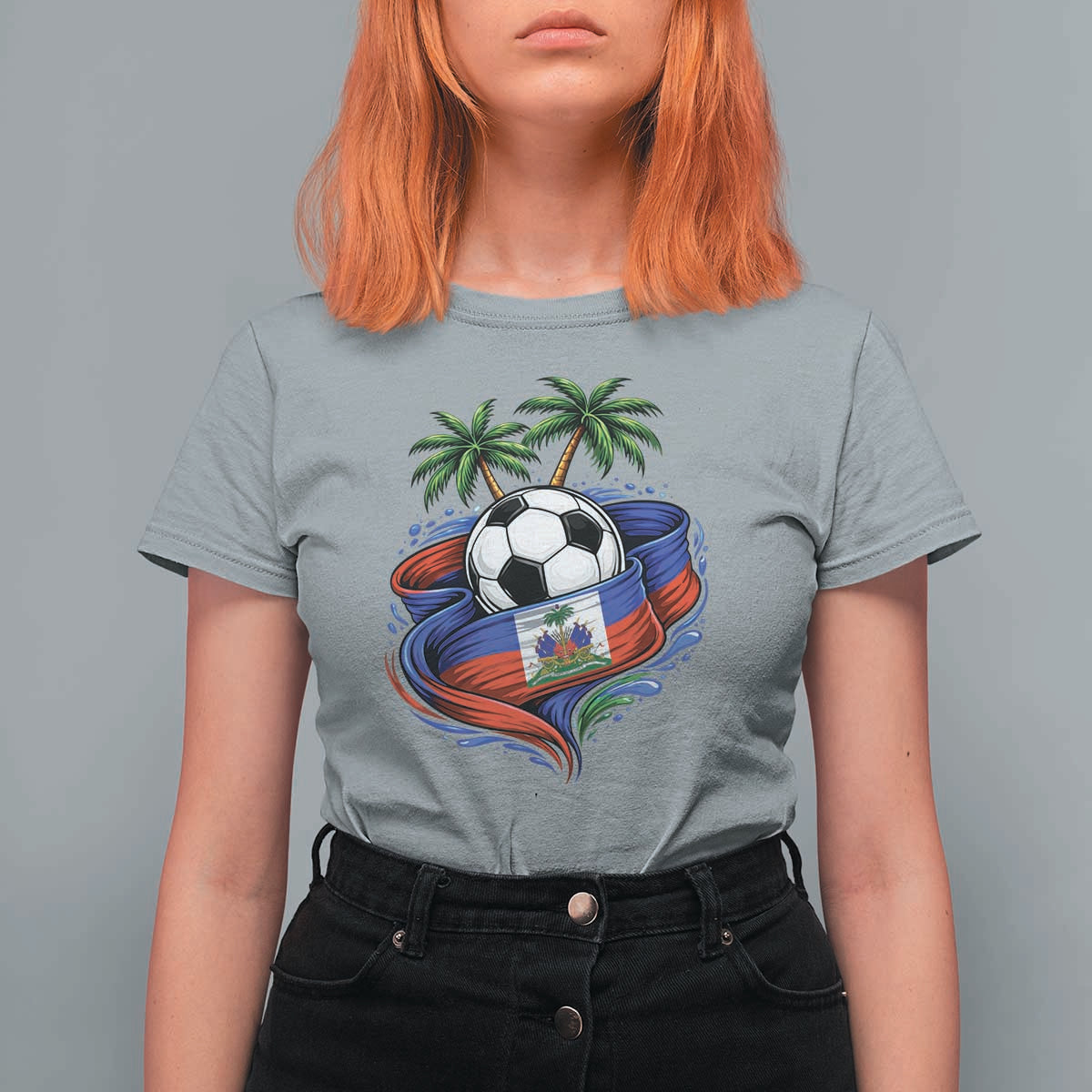 Haitian Flag Soccer Ball Graphic T Shirt For Women Tropical Palm Trees Caribbean Haiti Football Fans Pride