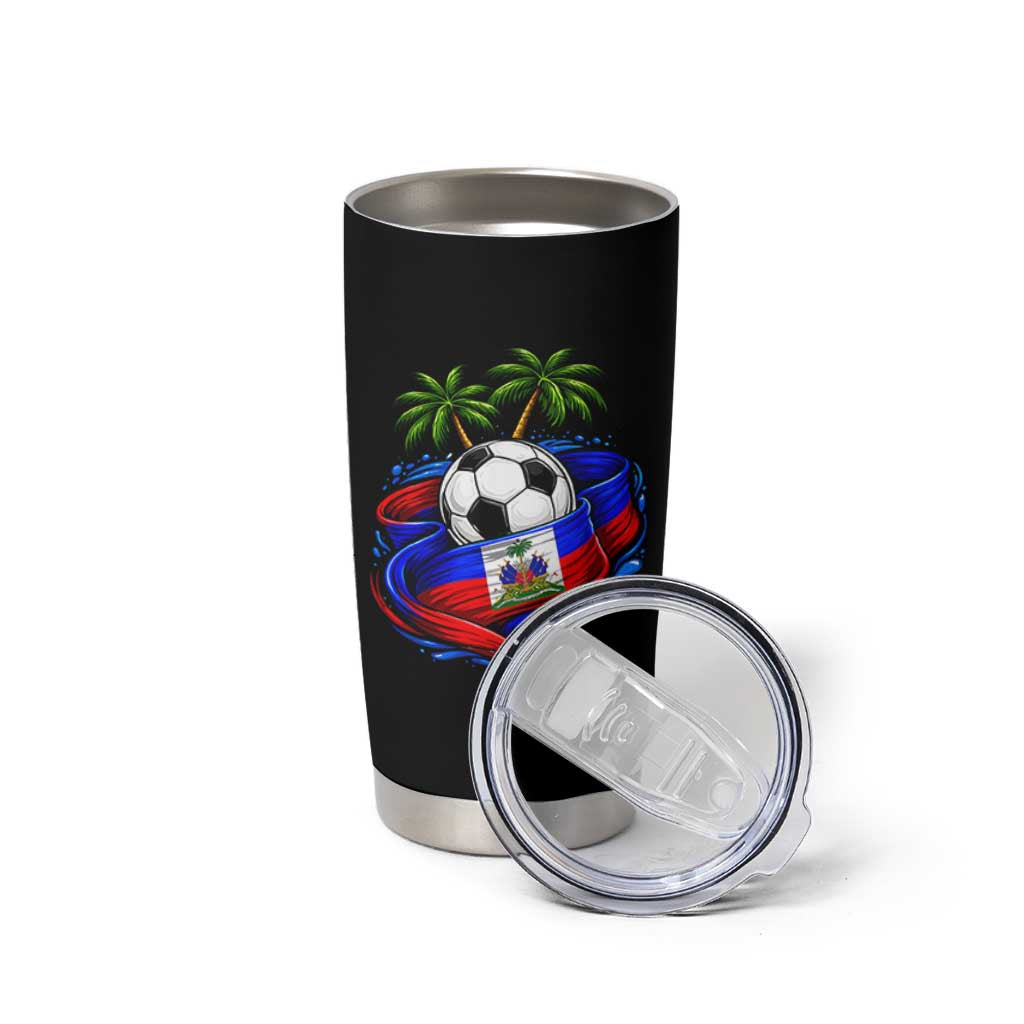 Haitian Flag Soccer Ball Graphic Tumbler Cup Tropical Palm Trees Caribbean Haiti Football Fans Pride