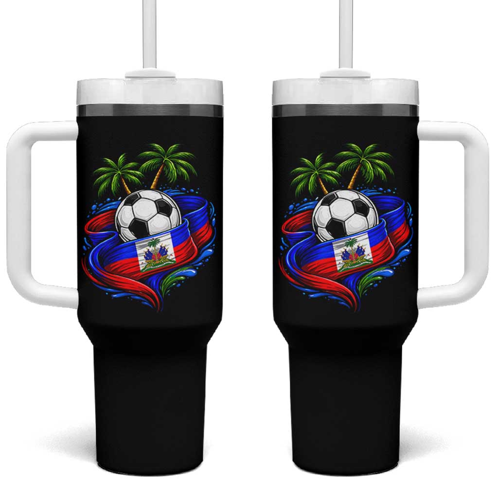 Haitian Flag Soccer Ball Graphic Tumbler With Handle Tropical Palm Trees Caribbean Haiti Football Fans Pride