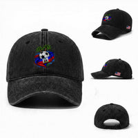 Haitian Flag Soccer Ball Graphic Washed Cotton Baseball Cap Tropical Palm Trees Caribbean Haiti Football Fans Pride