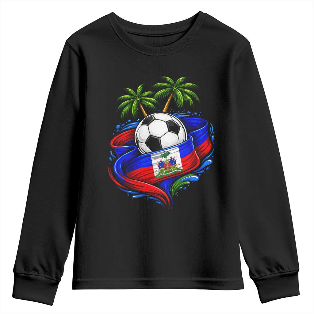 Haitian Flag Soccer Ball Graphic Youth Sweatshirt Tropical Palm Trees Caribbean Haiti Football Fans Pride