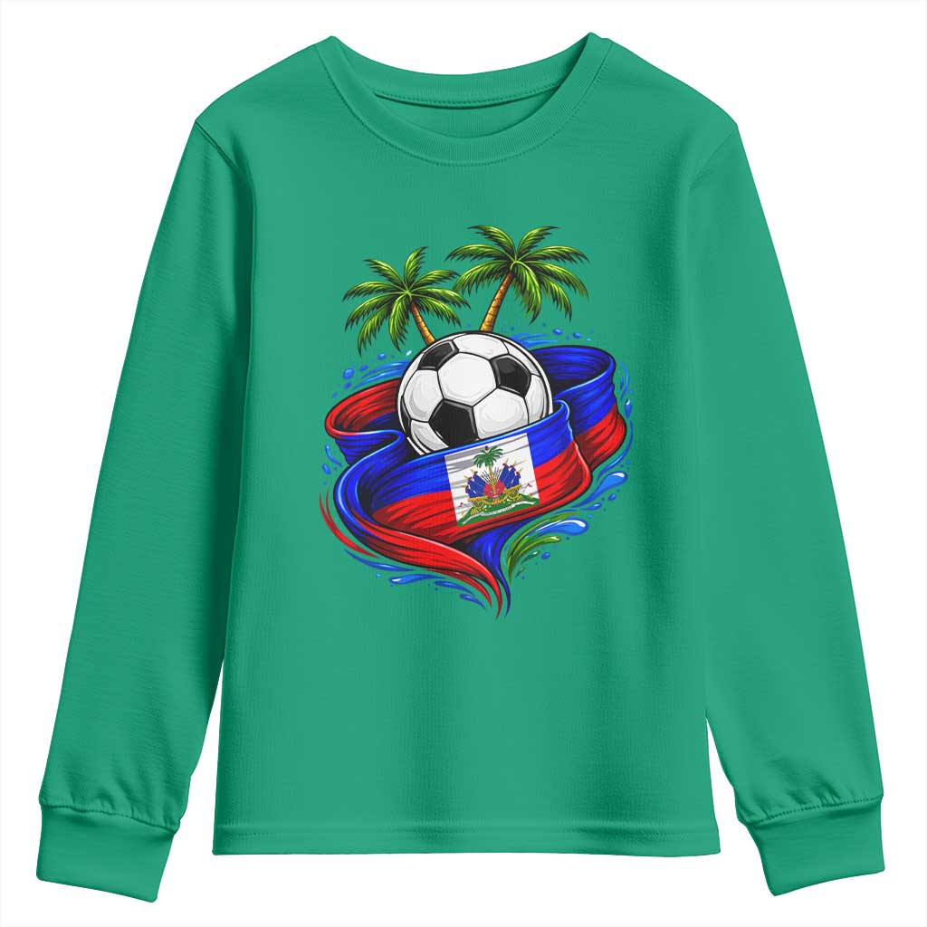 Haitian Flag Soccer Ball Graphic Youth Sweatshirt Tropical Palm Trees Caribbean Haiti Football Fans Pride