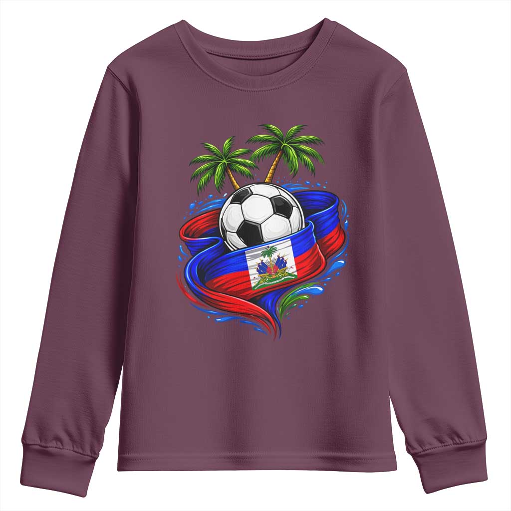 Haitian Flag Soccer Ball Graphic Youth Sweatshirt Tropical Palm Trees Caribbean Haiti Football Fans Pride