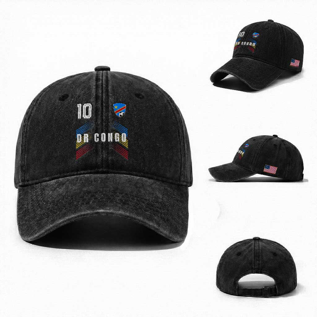 DR Congo Soccer Sports Graphic Number 10 Jersey Style Washed Cotton Baseball Cap Proud Congolese Football Fans Game Day Pride