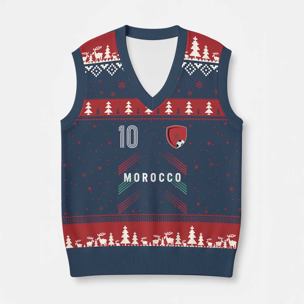Morocco Soccer Sports Graphic Number 10 Jersey Style V-Neck Knit Sweater Vest Proud Moroccan Football Fans Game Day Maghreb Pride