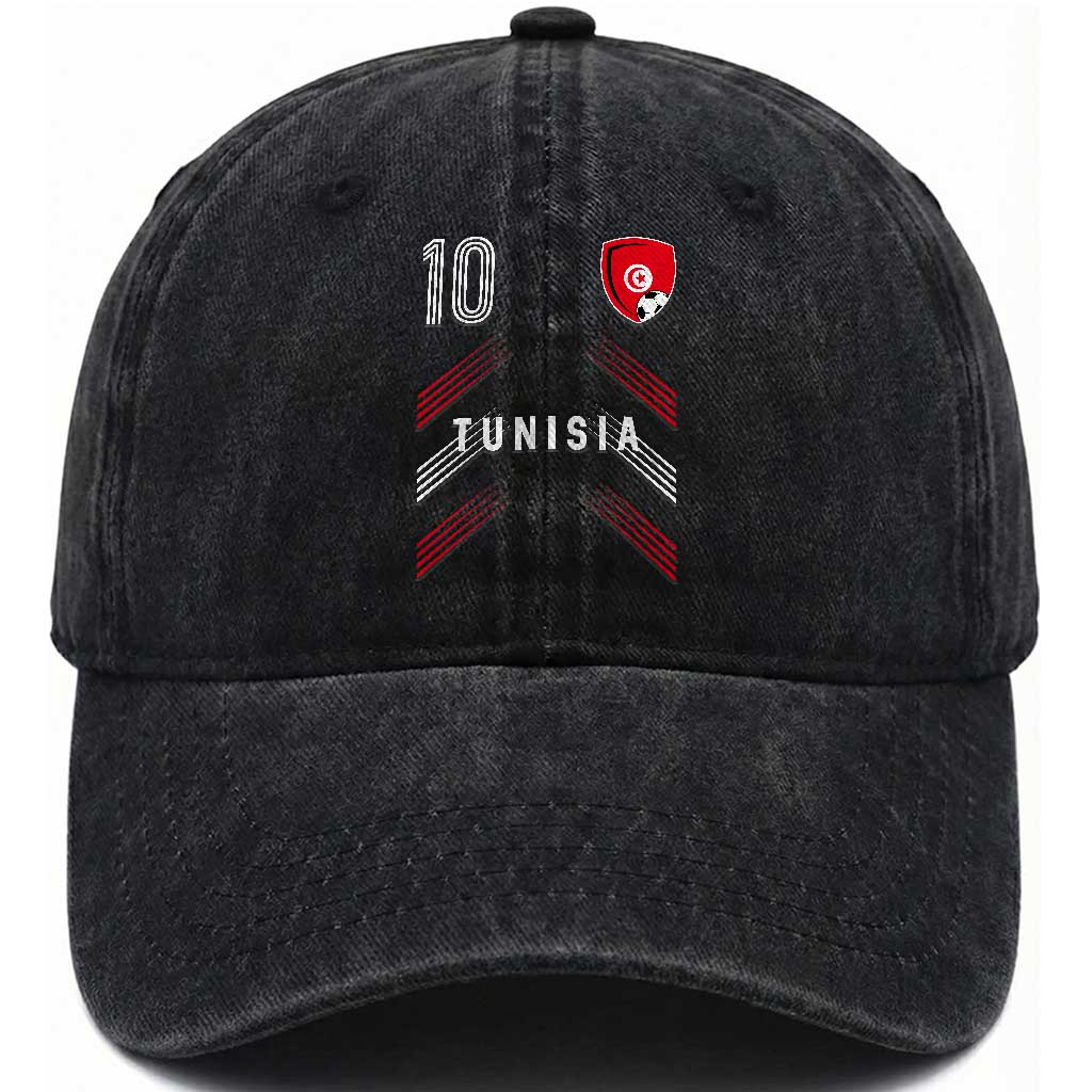 Tunisia Soccer Sports Graphic Number 10 Jersey Style Washed Cotton Baseball Cap Proud Tunisian Football Fans Game Day Maghreb Pride