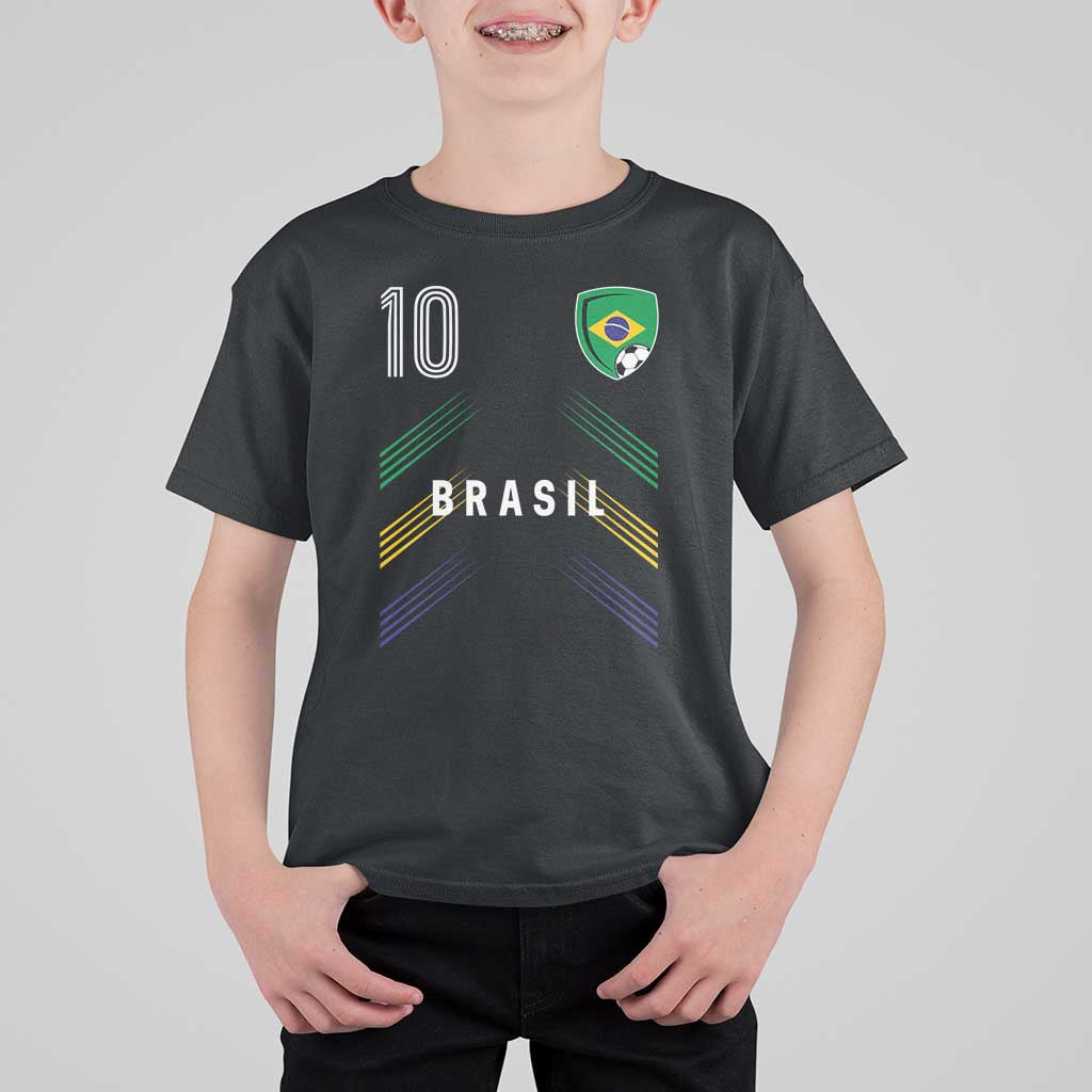 Brasil Number 10 Soccer Shield Graphic Jersey Style T Shirt For Kid Retro Futbol Football Fans Sports Lover