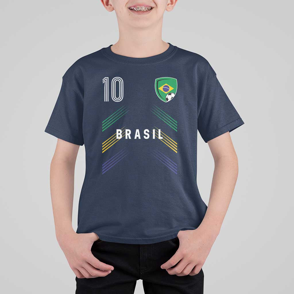 Brasil Number 10 Soccer Shield Graphic Jersey Style T Shirt For Kid Retro Futbol Football Fans Sports Lover
