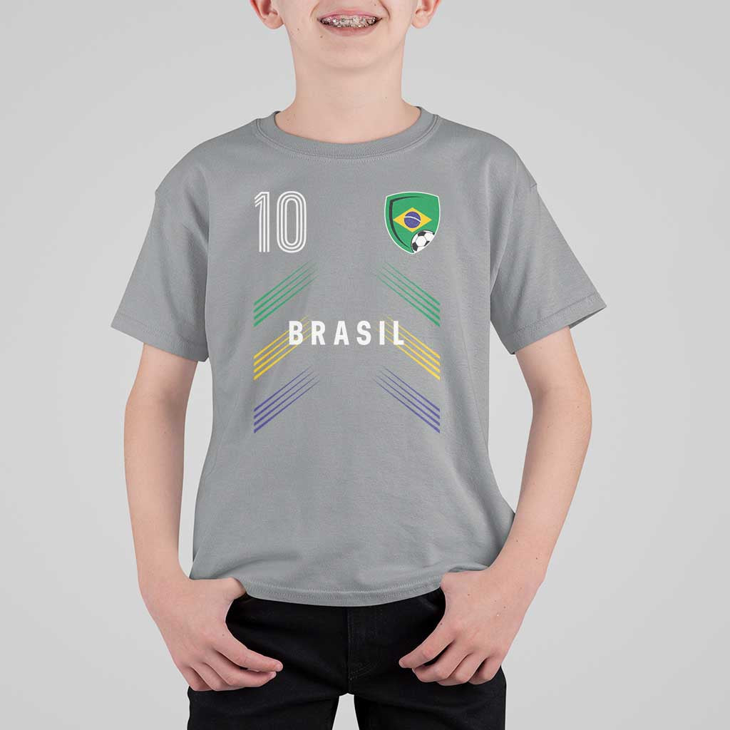 Brasil Number 10 Soccer Shield Graphic Jersey Style T Shirt For Kid Retro Futbol Football Fans Sports Lover
