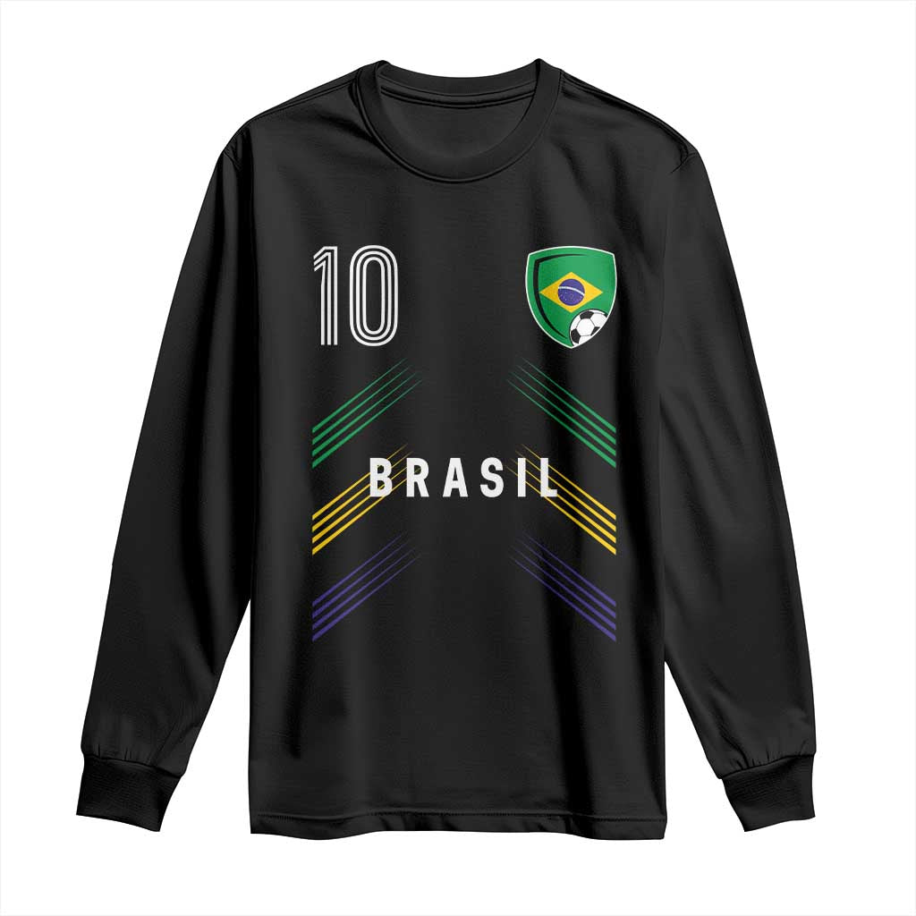 Brasil Number 10 Soccer Shield Graphic Jersey Style Long Sleeve Shirt Retro Futbol Football Fans Sports Lover