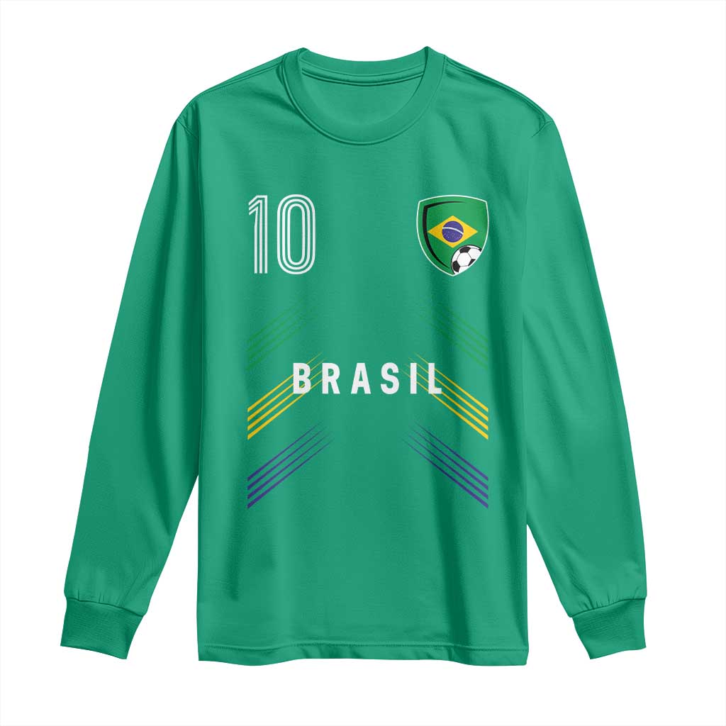 Brasil Number 10 Soccer Shield Graphic Jersey Style Long Sleeve Shirt Retro Futbol Football Fans Sports Lover