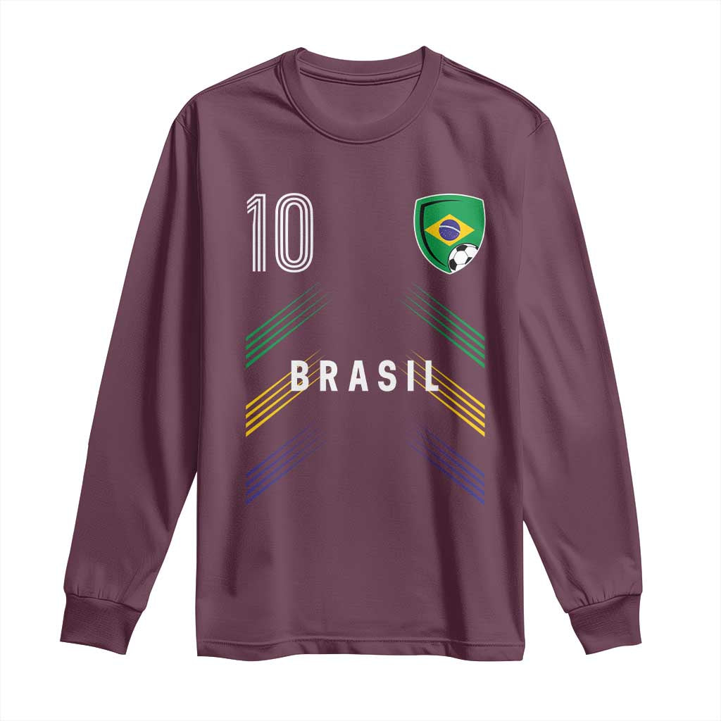 Brasil Number 10 Soccer Shield Graphic Jersey Style Long Sleeve Shirt Retro Futbol Football Fans Sports Lover