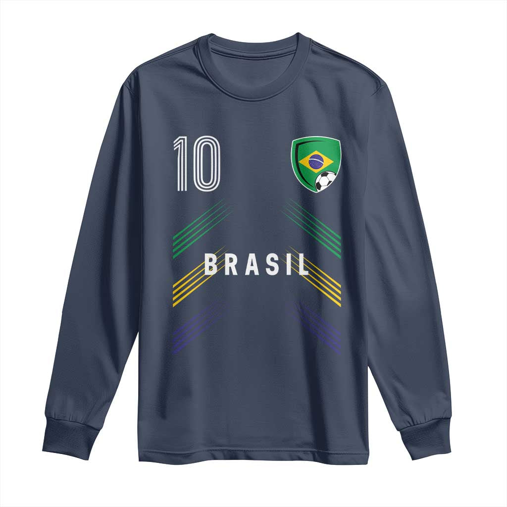 Brasil Number 10 Soccer Shield Graphic Jersey Style Long Sleeve Shirt Retro Futbol Football Fans Sports Lover