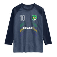 Brasil Number 10 Soccer Shield Graphic Jersey Style Raglan Shirt Retro Futbol Football Fans Sports Lover