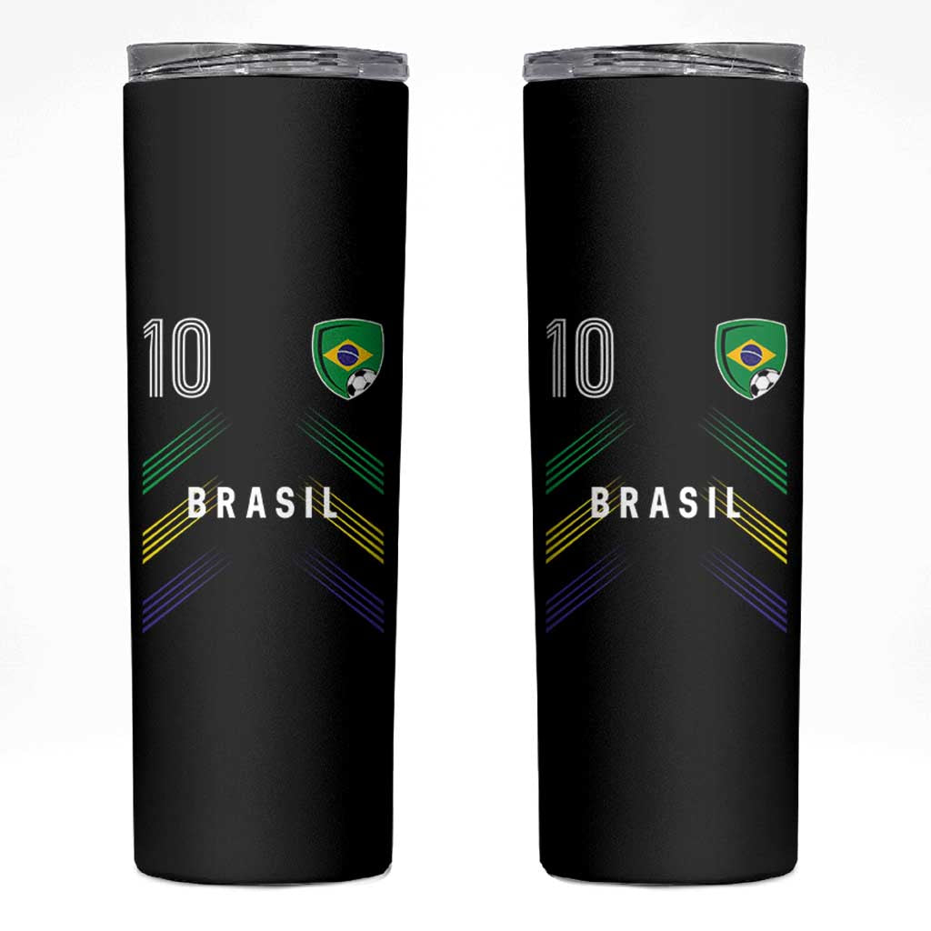 Brasil Number 10 Soccer Shield Graphic Jersey Style Skinny Tumbler Retro Futbol Football Fans Sports Lover