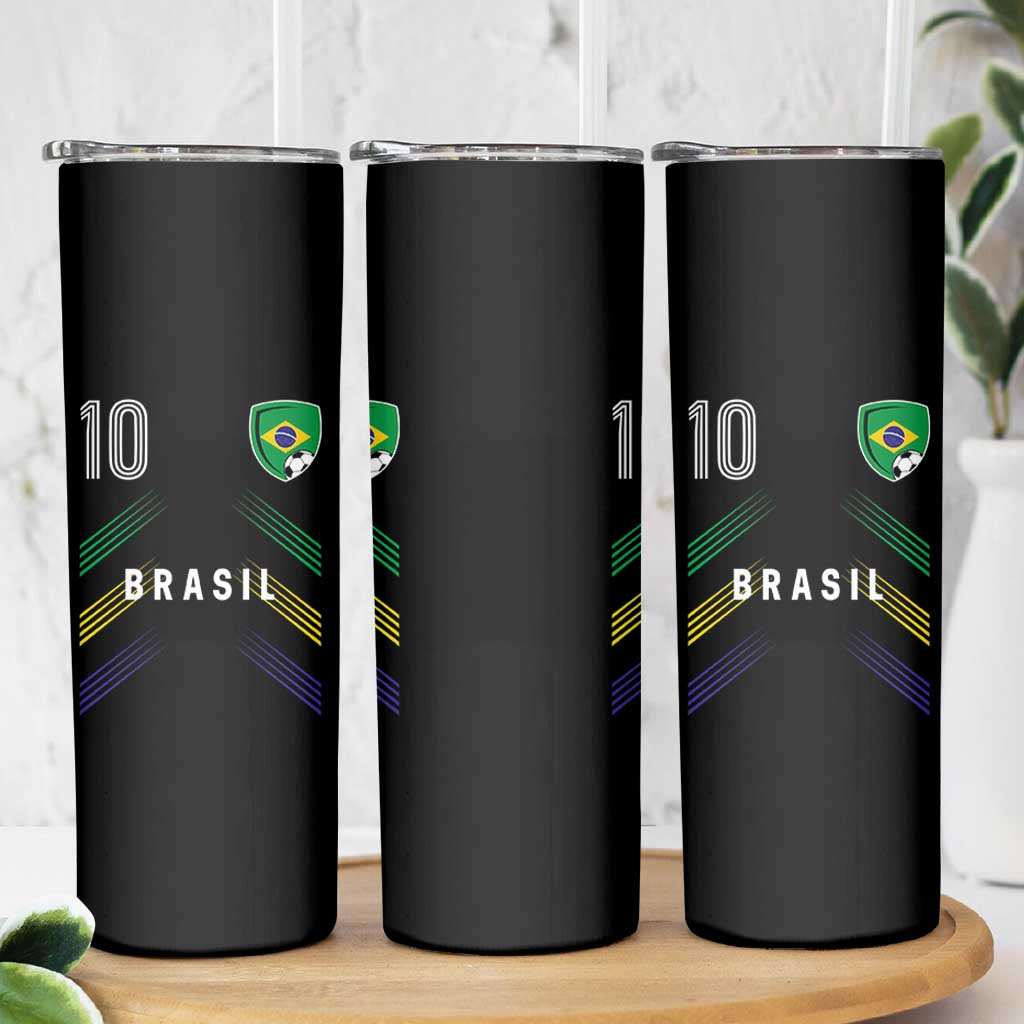 Brasil Number 10 Soccer Shield Graphic Jersey Style Skinny Tumbler Retro Futbol Football Fans Sports Lover