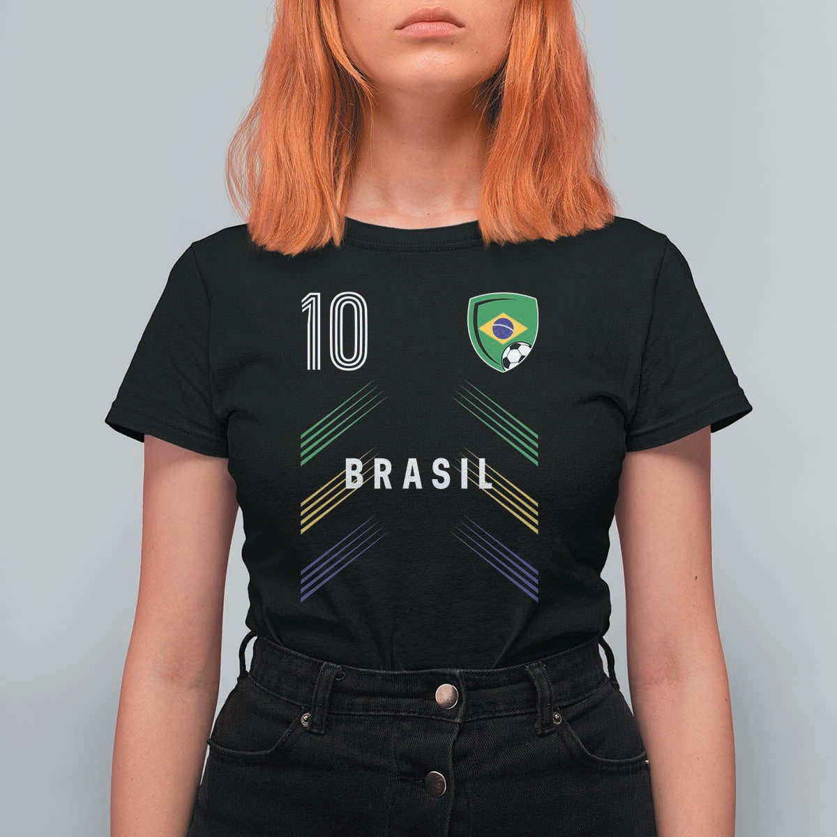 Brasil Number 10 Soccer Shield Graphic Jersey Style T Shirt For Women Retro Futbol Football Fans Sports Lover