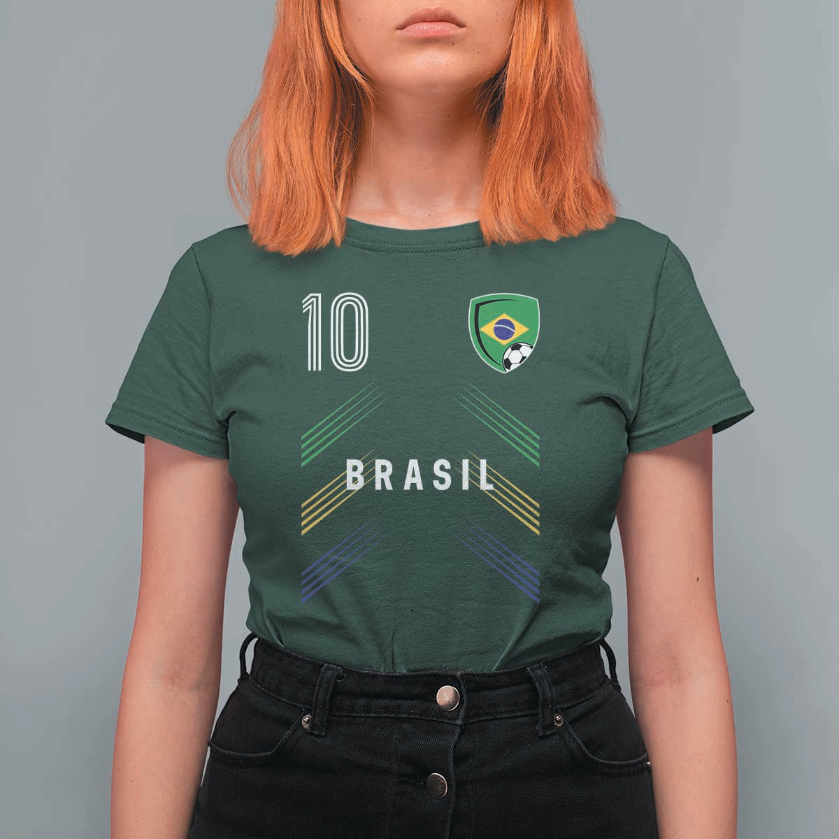 Brasil Number 10 Soccer Shield Graphic Jersey Style T Shirt For Women Retro Futbol Football Fans Sports Lover