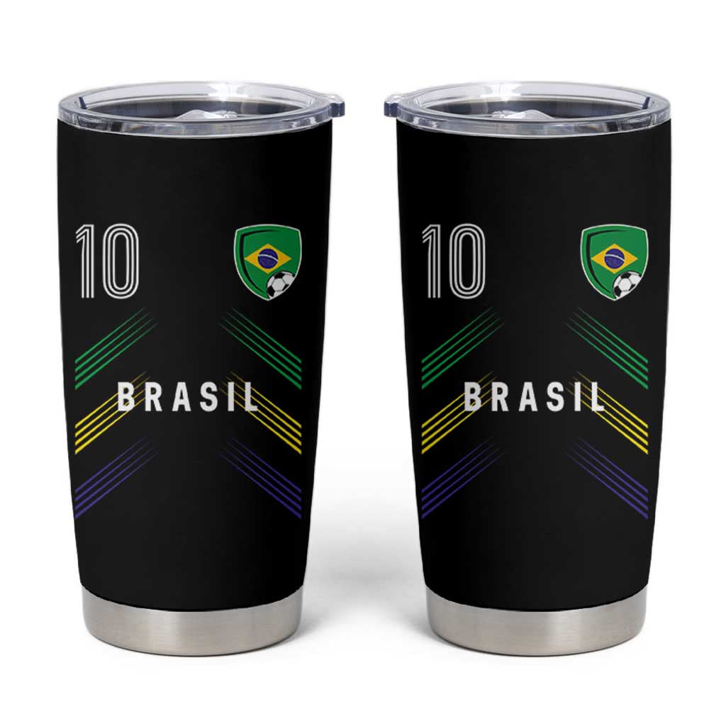 Brasil Number 10 Soccer Shield Graphic Jersey Style Tumbler Cup Retro Futbol Football Fans Sports Lover