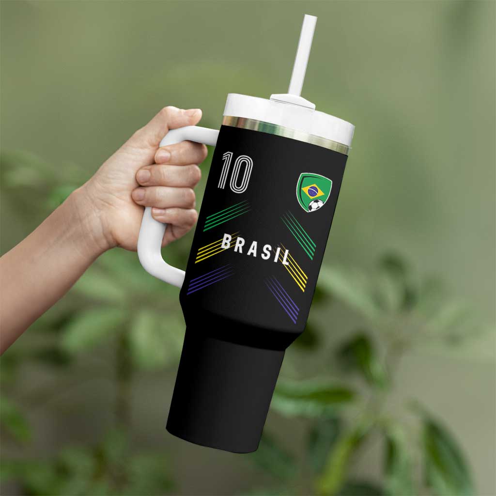 Brasil Number 10 Soccer Shield Graphic Jersey Style Tumbler With Handle Retro Futbol Football Fans Sports Lover