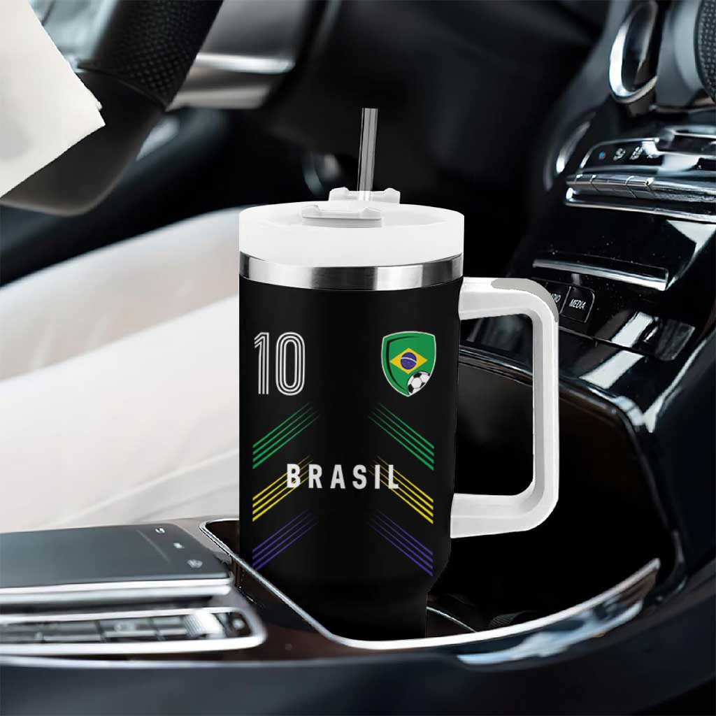Brasil Number 10 Soccer Shield Graphic Jersey Style Tumbler With Handle Retro Futbol Football Fans Sports Lover