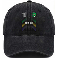 Brasil Number 10 Soccer Shield Graphic Jersey Style Washed Cotton Baseball Cap Retro Futbol Football Fans Sports Lover