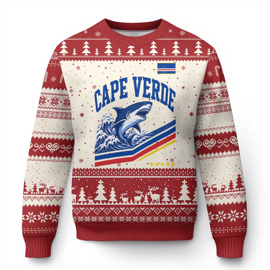 Cape Verde Blue Sharks Ocean Wave Graphic Ugly Christmas Sweater Cabo Verde Pride Sports Fans