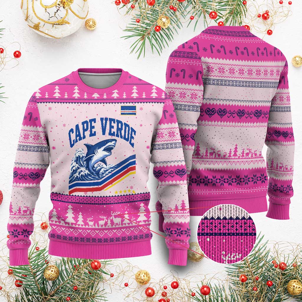 Cape Verde Blue Sharks Ocean Wave Graphic Ugly Christmas Sweater Cabo Verde Pride Sports Fans