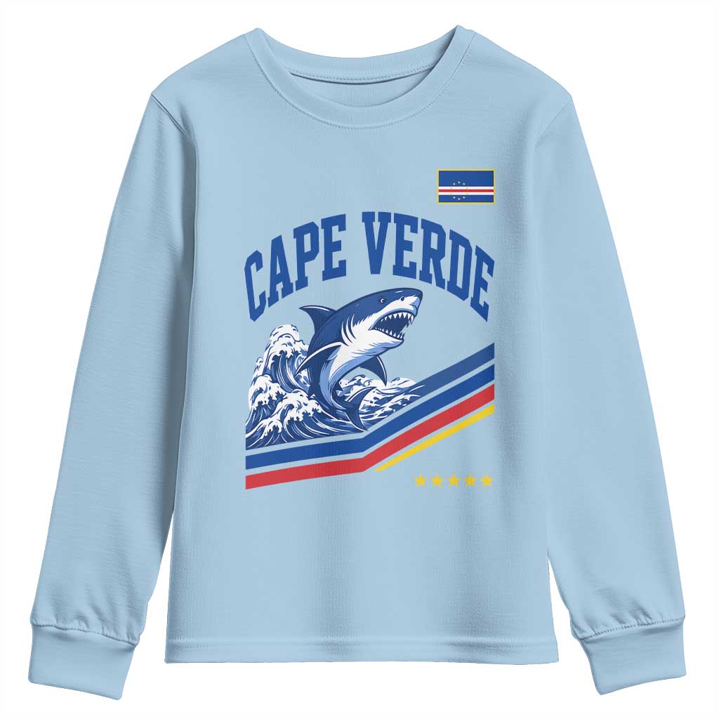 Cape Verde Blue Sharks Ocean Wave Graphic Youth Sweatshirt Cabo Verde Pride Sports Fans