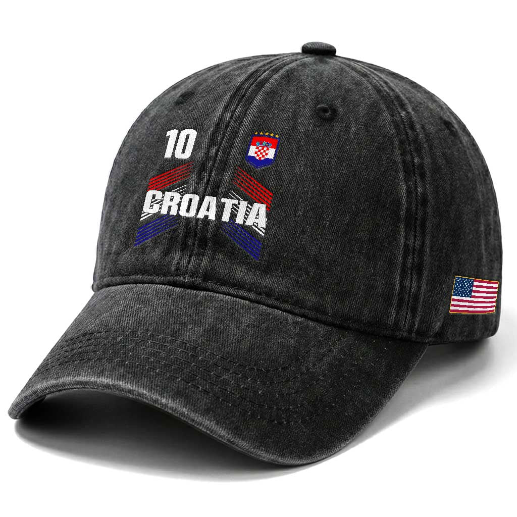 Croatia Soccer Sports Graphic Number 10 Jersey Style Washed Cotton Baseball Cap Proud Croatian Football Fans Game Day Pride
