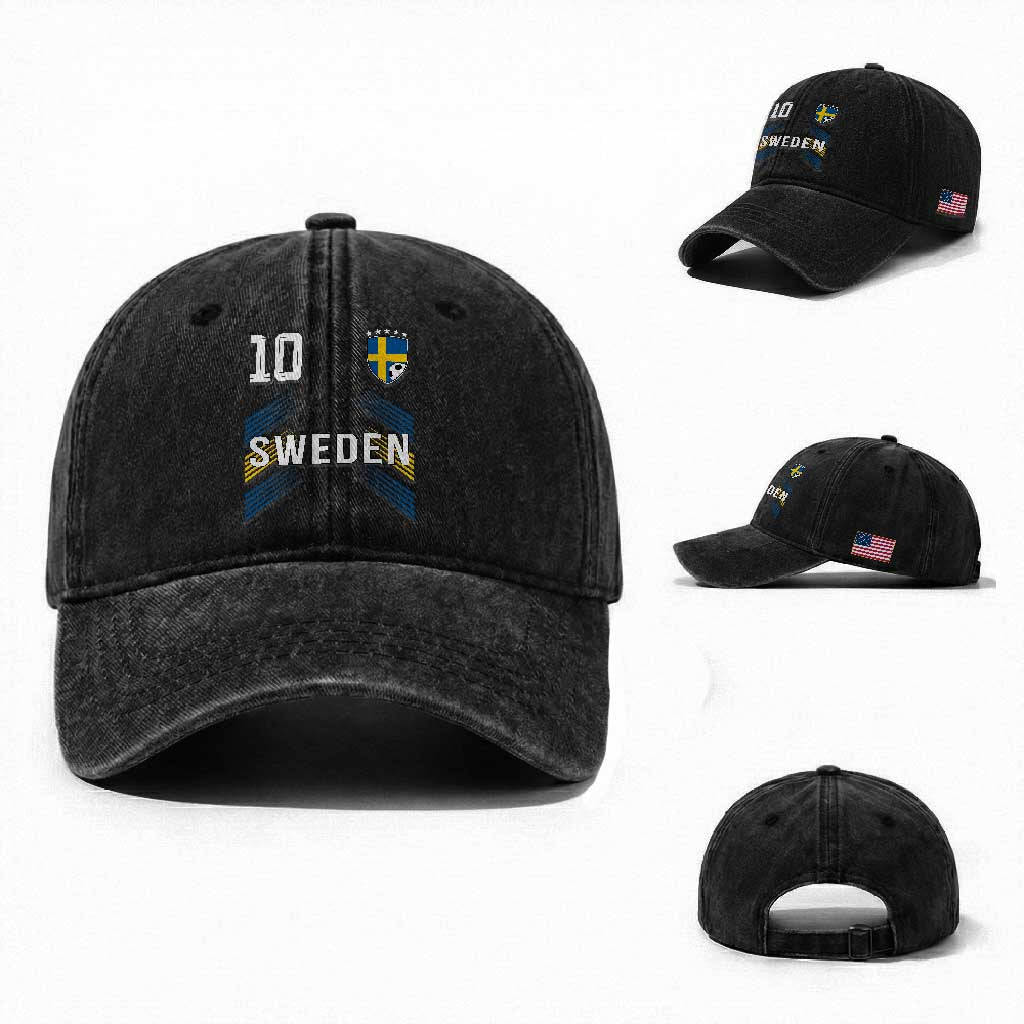 Sweden Soccer Sports Graphic Number 10 Jersey Style Washed Cotton Baseball Cap Proud Swedish Football Fans Game Day Pride