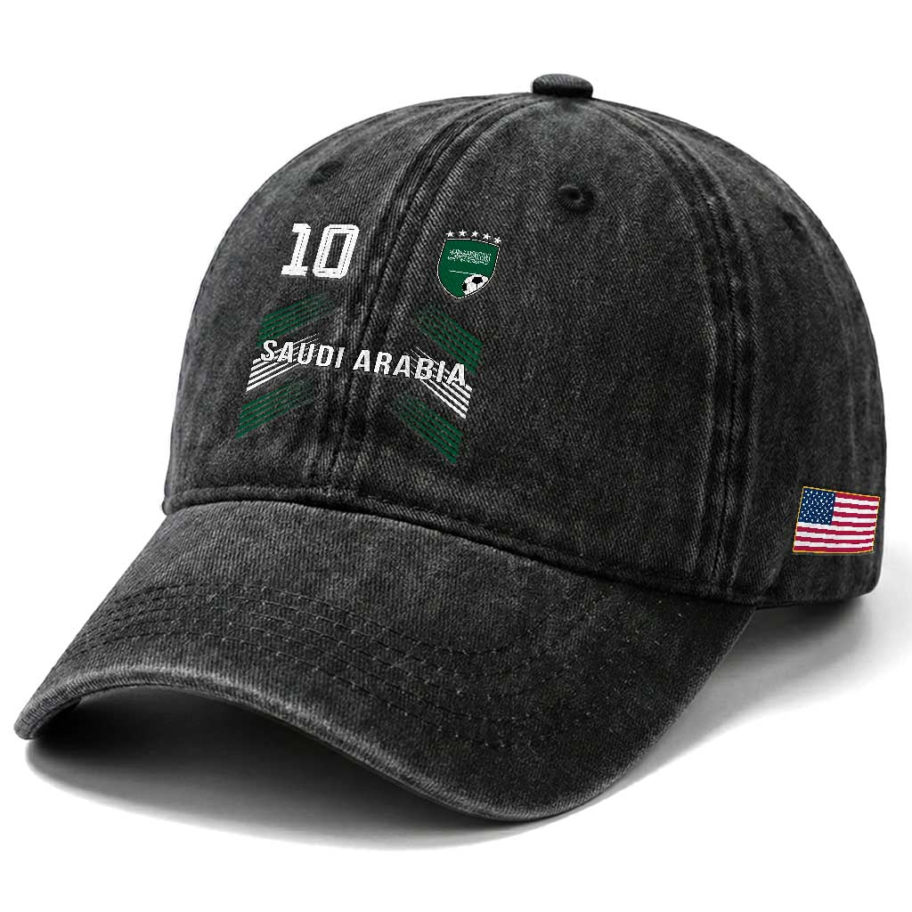 Saudi Arabia Soccer Sports Graphic Number 10 Jersey Style Washed Cotton Baseball Cap Proud Saudi Football Fans Game Day Pride