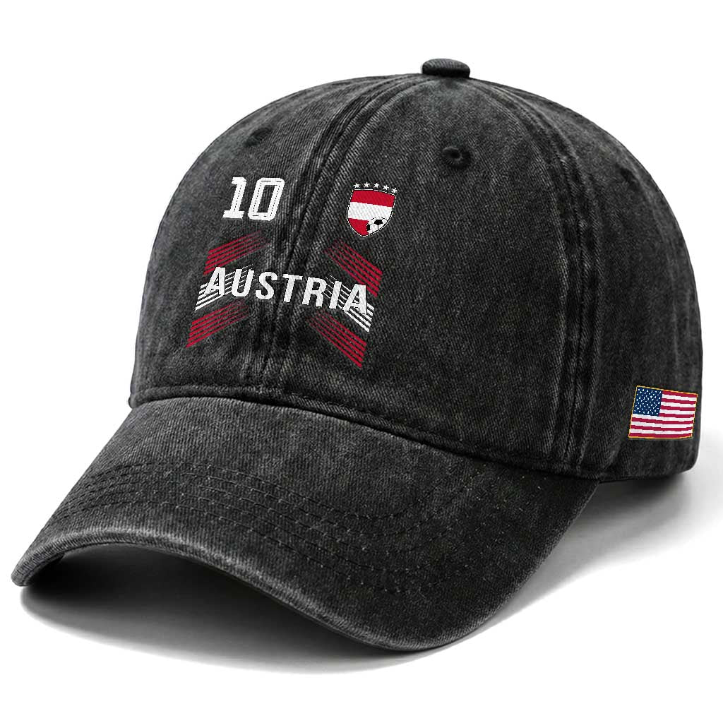 Austria Soccer Sports Graphic Number 10 Jersey Style Washed Cotton Baseball Cap Proud Austrian Football Fans Game Day Pride