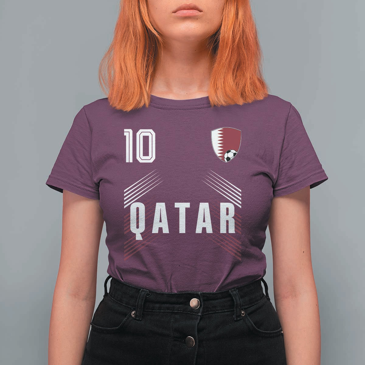 Qatar Soccer Sports Graphic Number 10 Jersey Style T Shirt For Women Proud Qatari Football Fans Game Day Pride