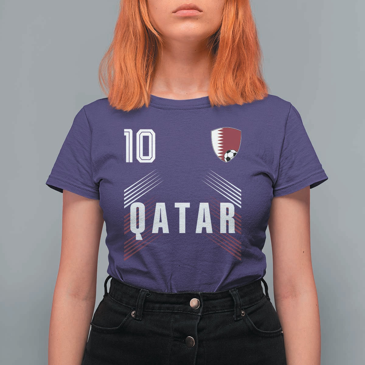 Qatar Soccer Sports Graphic Number 10 Jersey Style T Shirt For Women Proud Qatari Football Fans Game Day Pride