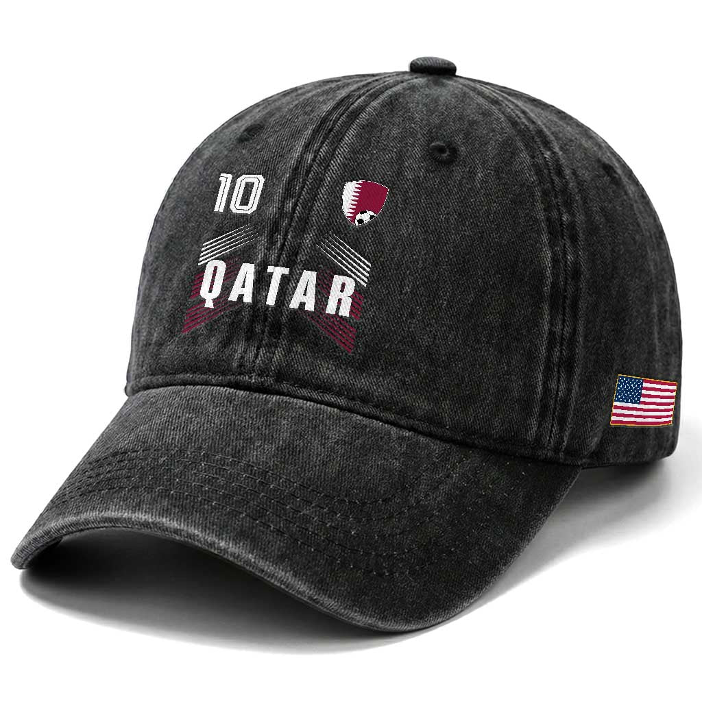 Qatar Soccer Sports Graphic Number 10 Jersey Style Washed Cotton Baseball Cap Proud Qatari Football Fans Game Day Pride