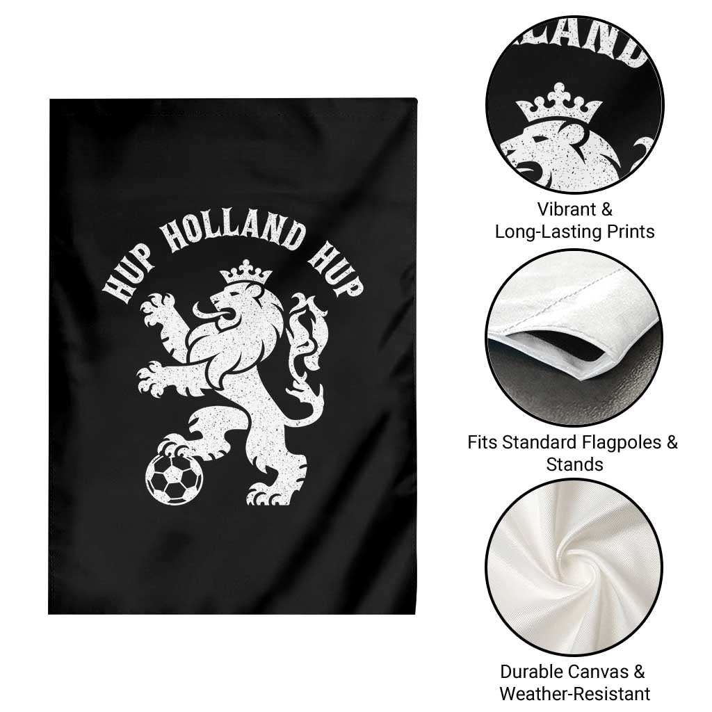 Hup Holland Hup Netherlands Crowned Lion Rampant Playing Football Graphic Garden Flag Nederlands Coat of Arms Inspo Dutch Soccer Fans